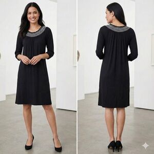 Chico's Black Dress Size 1 (Medium) Embroidered Neckline 3/4 Sleeve